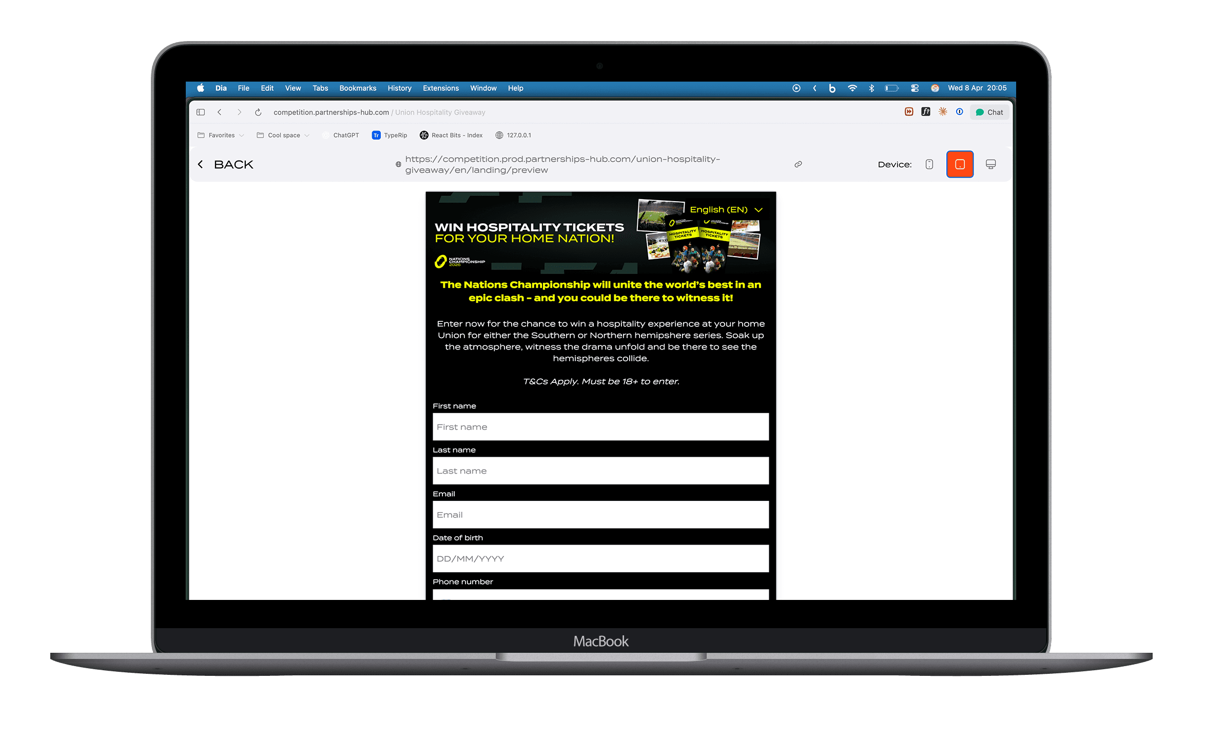 Fan-facing preview, themed per client, data capture gated behind the prize