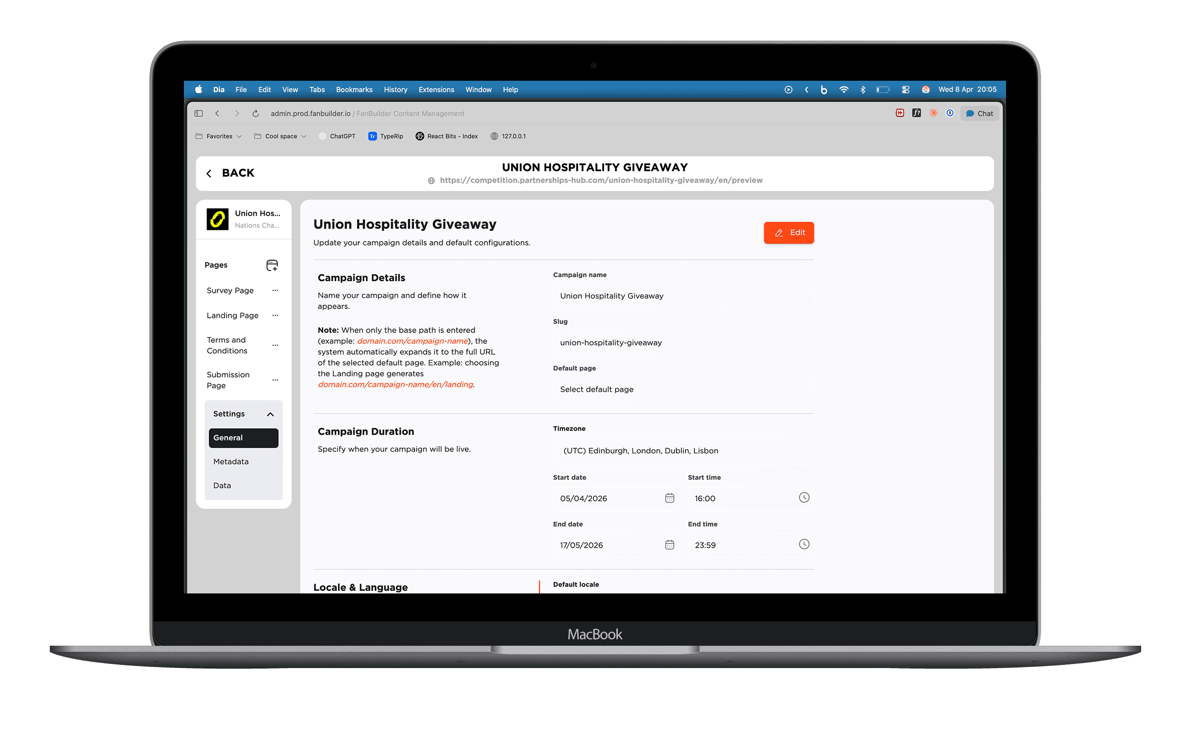 Campaign settings. Operators configure duration, locale and pages without dev