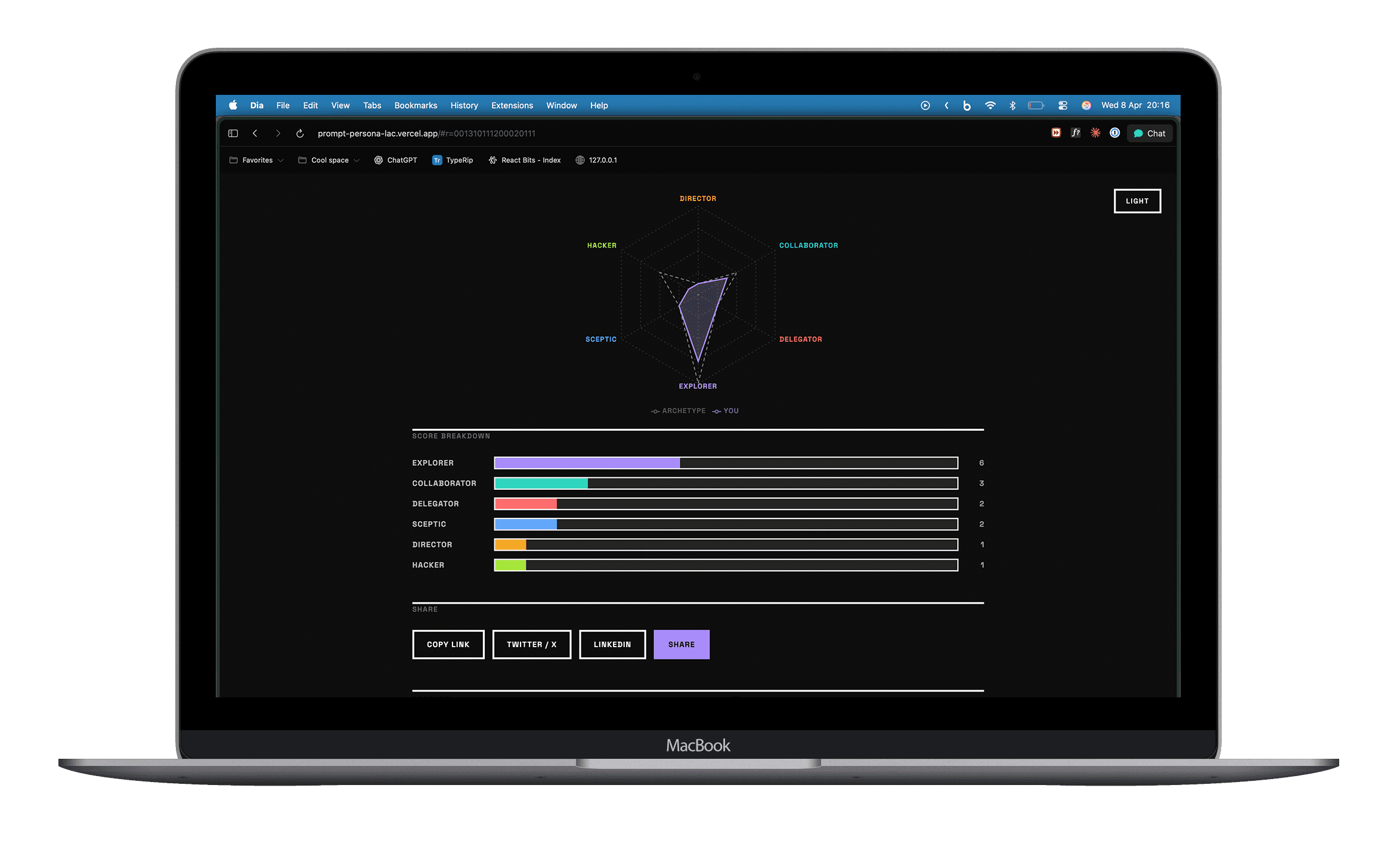 Radar chart and score breakdown with share links for social
