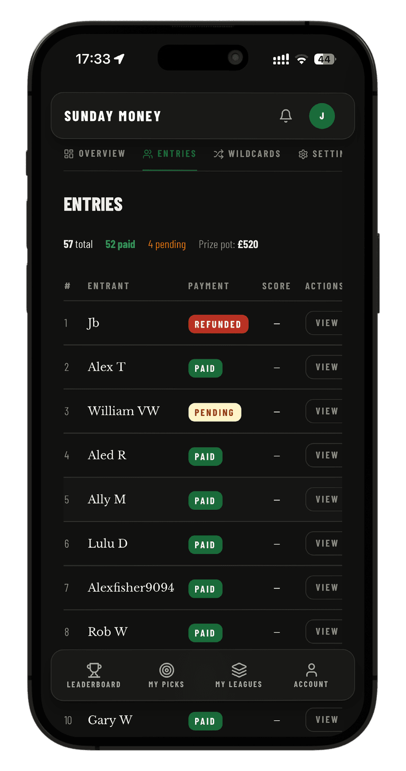 Entries view. Captains can see who's paid and who hasn't