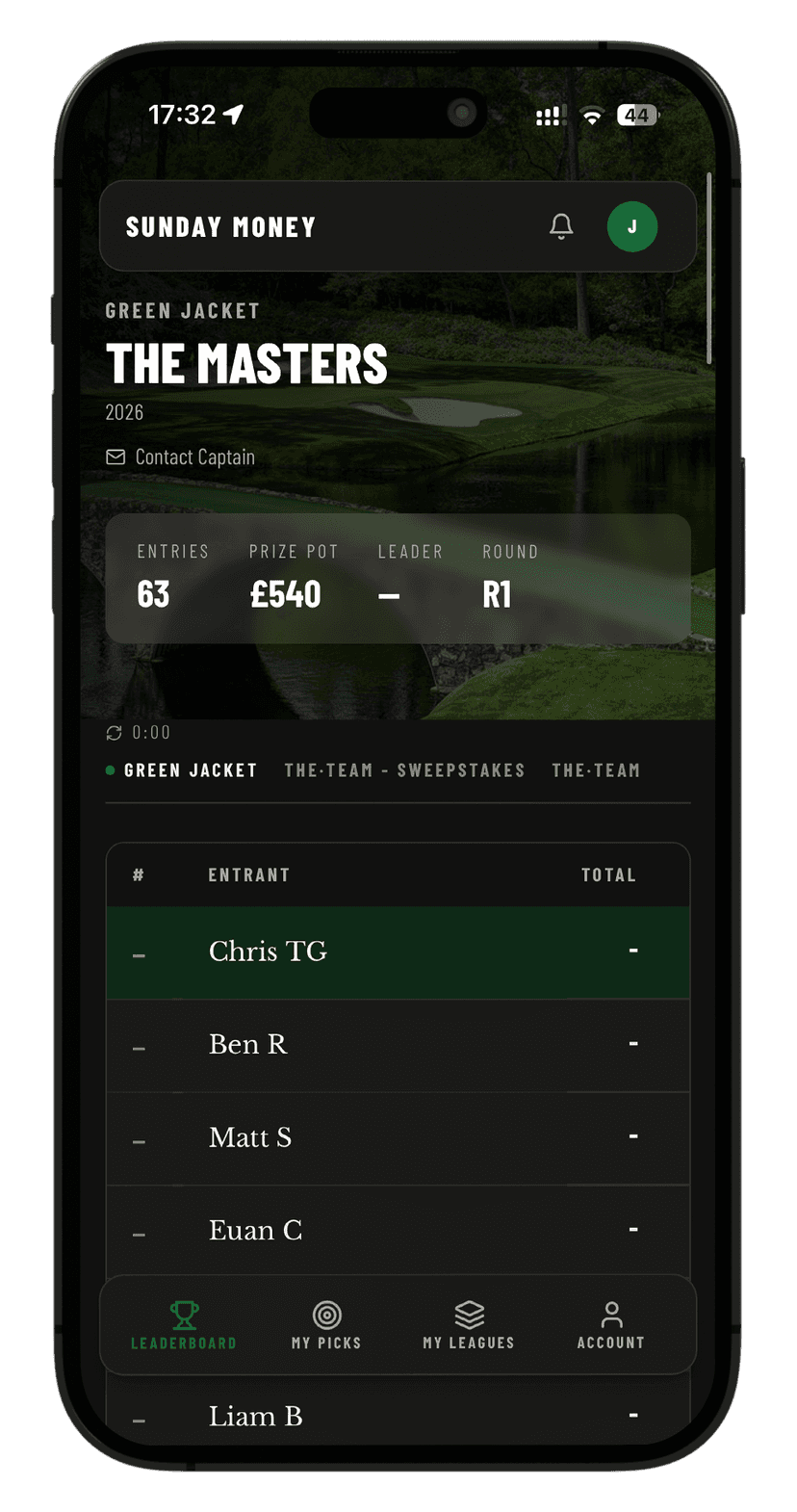 Live leaderboard. DataGolf scores syncing every 5 minutes
