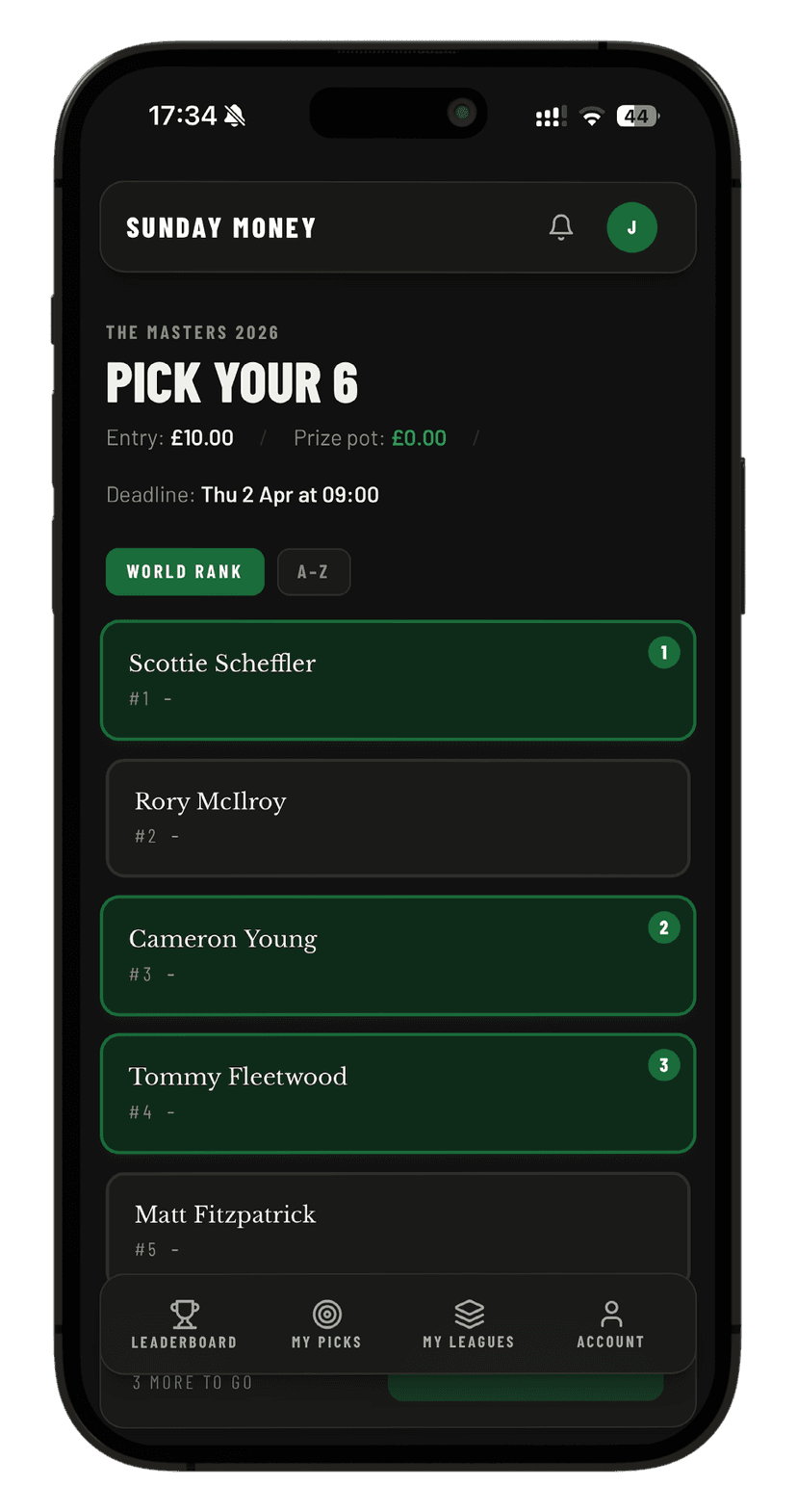 Pick flow. 6 golfers plus a wildcard for tiebreakers