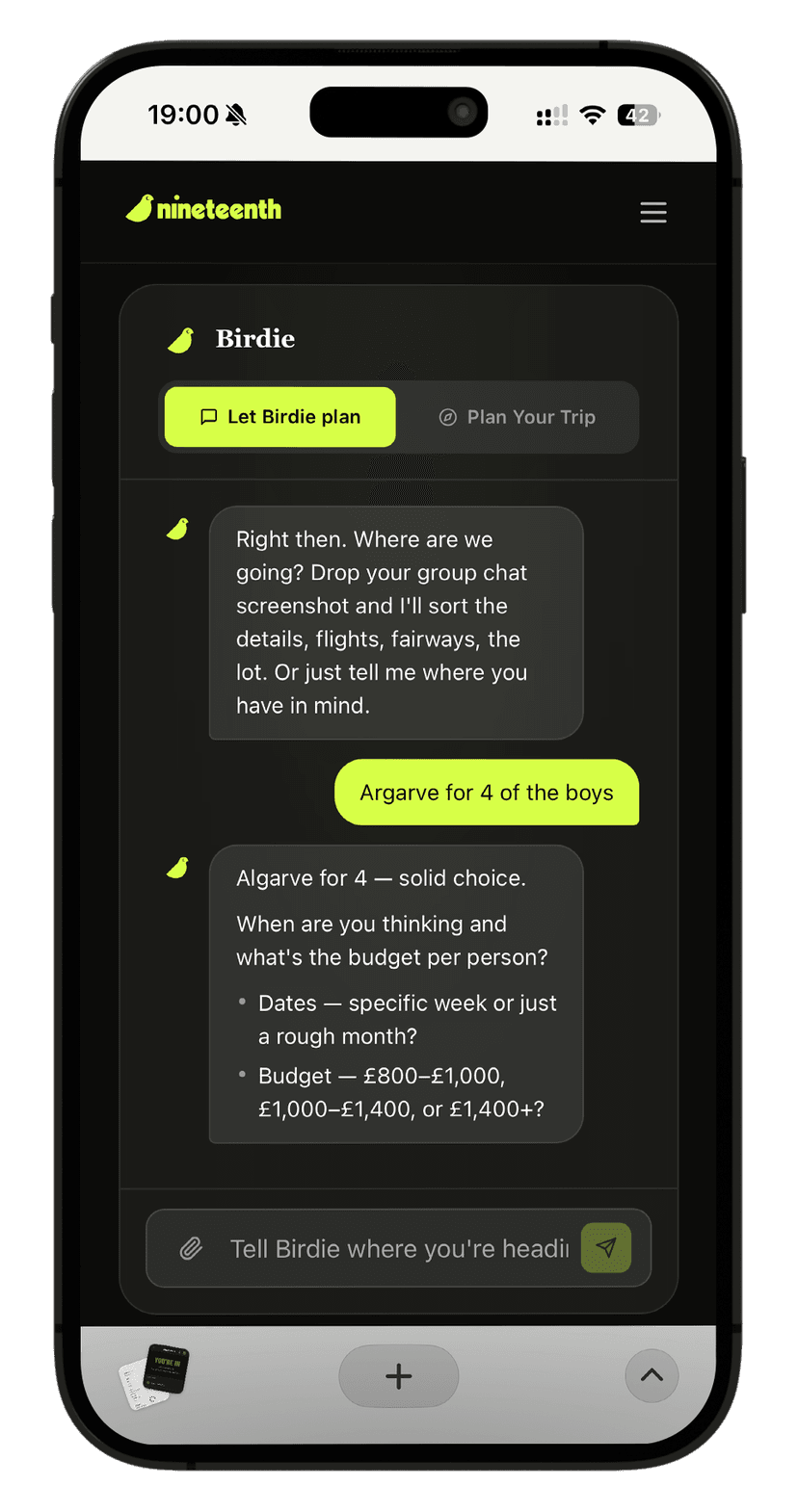 Birdie, the concierge layer, never labelled as AI