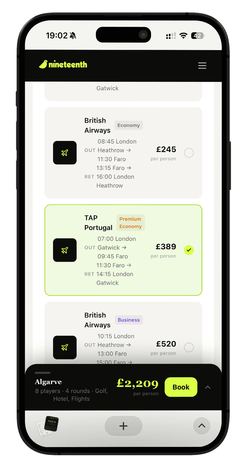 Flight selection, priced as a line item, not a bundle