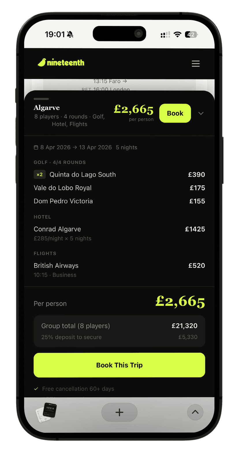 Itinerary totals dynamically as components are added